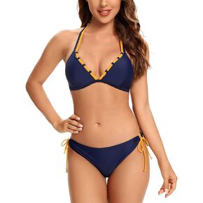 SHEKINI Women's Halter V Neck Triangle Bikini Double-Straps Bathing Suit Tie Side Two Piece Swimsuit