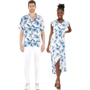 Matchable Couple Hawaiian Luau Shirt or Wrap Ruffle Dress in Day Dream Bloom
