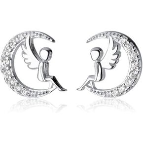 Cute Guardian Angel Stud Earrings Sterling Silver Dainty Clear CZ Crytsal Crescent Moon Wedding Earring Cartilage Studs Hypoallergenic for Women Teen Girls Gifts