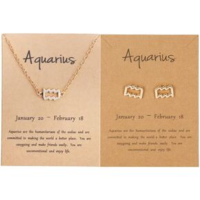 COLORFUL BLING Card Packaging Horoscope Zodiac Stud Earrings Necklace Set 12 Constellation Astrology 18K Gold Plated Little Ear Stud Friendship Exquisite Jewelry Gift for Women Girls Teens