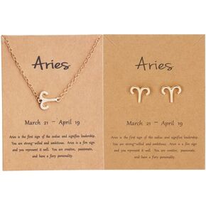 COLORFUL BLING Card Packaging Horoscope Zodiac Stud Earrings Necklace Set 12 Constellation Astrology 18K Gold Plated Little Ear Stud Friendship Exquisite Jewelry Gift for Women Girls Teens