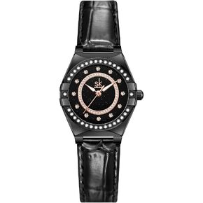 SHENGKE SK Fashion Women Watches with Crystal Diamond Ladies Dress Watch with Genuine Leather and Stainless Steel Band
