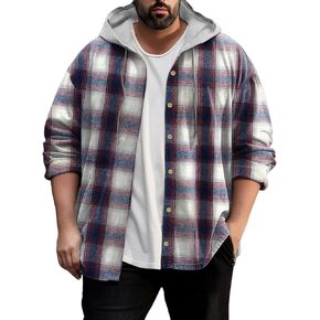 Men's Big and Tall Plaid Hoodie Flannel Shirt Long Sleeve Button Down Shirt Top Plus Size