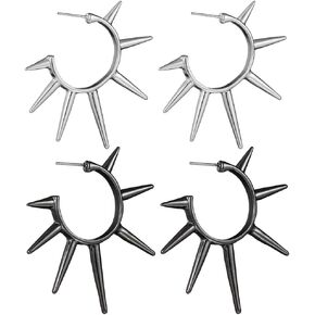 2 Pairs Gothic Spike Earrings Punk Spike Hoop Earrings Retro Rivet Earrings for Women Men - Silver Black