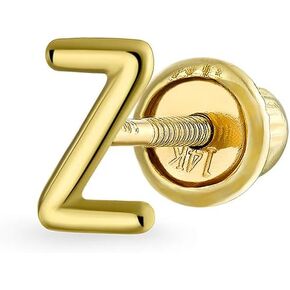 Unisex ABC Minimalist Real Yellow 14K Gold Capital Block Alphabet Letter Initial Cartilage Ear Lobe Piercing 1 Piece Stud Earring Screw Back For Teen Women Men