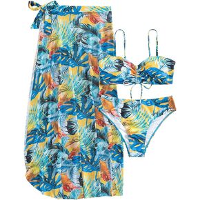 WDIRARA Women's 3 Pieces Tropical Print Ruffle Hem Tie Front Bikini Swimsuit with Beach Skirt