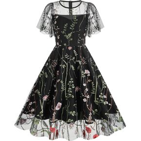 Wellwits Women's Flutter Sleeves Sheer Floral Embroidery Mesh Cocktail Formal Vintage Dress