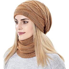 Womens Slouchy Winter Beanie Hats Scarf Set,Warm Fleece Lined Knit Hat Skull Cap with Neck Warmer Ski Hat Beanie for Women