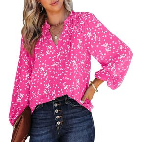 Womens Floral Tops V Neck Boho Floral Blouse Smocked Long Sleeve Chiffon Shirts Alicia Floral Print Blouses Smocked