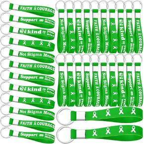 100 Pcs Mental Health Awareness Silicone Keychains Gifts Green Awareness Ribbon Keychain Green Mental Faith Courage Hope Keychains for Kids Adult Man Woman Gifts