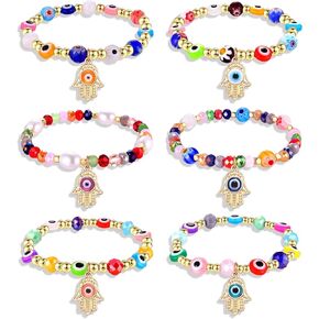 LENOOCLE Evil Eye Beaded Bracelets for Women Colorful Beads Hamsa Hand Charm Stretch Bracelet Handmade Summer Stack Good Lucky Protection Bracelet Jewelry Gifts for Women Men Girls