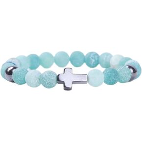 Fuqimanman2020 Colorful Cross Beads Bracelet Natural Stone Stretch Elastic Bracelet Christian Catholic Religious Hematite Bead Cross Bracelet