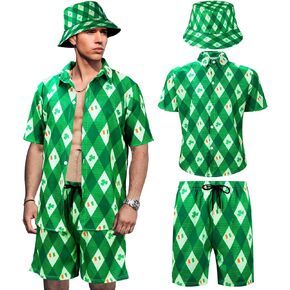 Men's 3 Pieces St. Patrick's Day Costume Clover Shirts and Shorts Set with Irish Hat Hawaiian Tracksuits for Men