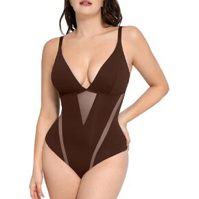 FeelinGirl Shapewear Bodysuit Women Tummy Control Deep V-neck Thong Bodysuits Seamless Mesh Slim Body Shaper Body Suit