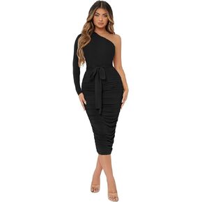 Verdusa Women's One Shoulder Long Sleeve Ruched Belted Bodycon Pencil Dress