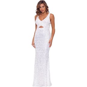 Betsy & Adam womens Long Crystal Sequin V-neck Cutout Dress