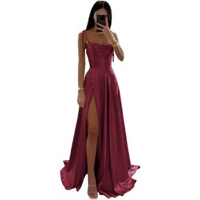 Smileven Women's Spaghetti Straps Satin Prom Dress Floor Length Formal Evening Party Gowns with Slit