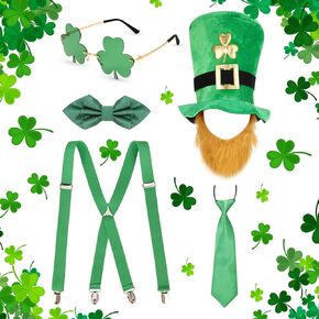 JieyueJewelry 5 Pcs St. Patrick's Day Party Costume Accessories Green Leprechaun Top Hat Shamrock Suspenders Glasses Bow and Bow Tie for Fancy Dress Irish Party Decor in Kuwait