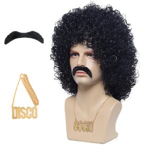 Roleplar Black Afro Jerry Curl Wig, 80s Rock Wig with Mustache and Necklace for Men or Women 70s Disco Rock Costume Party Wigs Cosplay Wig Anime in Kuwait