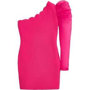 WDIRARA Girl's Scallop Trim One Shoulder Asymmetrical Neck Long Sleeve Pencil Mini Dress