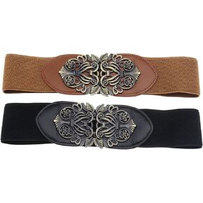 2pcs Vintage Ladies Stretch Waist Belt Cinch Waistband Alloy Polyester Black Brown for Jeans Pants Dresses Coats Jacket Tunic Blouses, Brown,black, 62x7.1cm