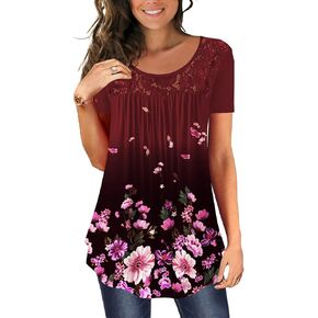 YizCore Women's Casual Tunic Tops For Leggings Short Sleeve Loose Henley Blouses Round Neck Flowy TShirts Summer