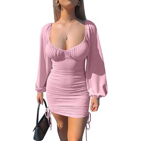 Umenlele Women's Lantern Long Sleeve Drawstring Ruched Ribbed Bodycon Mini Dress