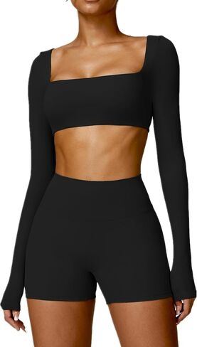 ABOCIW Workout Sets for Women 2 Piece Square Neck Long Sleeve Crop Tops High Waist Biker Shorts Gym Sets in Kuwait
