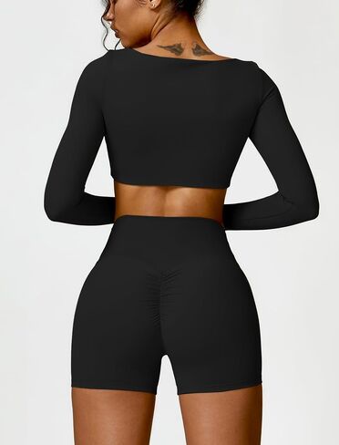 ABOCIW Workout Sets for Women 2 Piece Square Neck Long Sleeve Crop Tops High Waist Biker Shorts Gym Sets in Kuwait