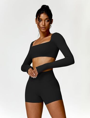 ABOCIW Workout Sets for Women 2 Piece Square Neck Long Sleeve Crop Tops High Waist Biker Shorts Gym Sets in Kuwait