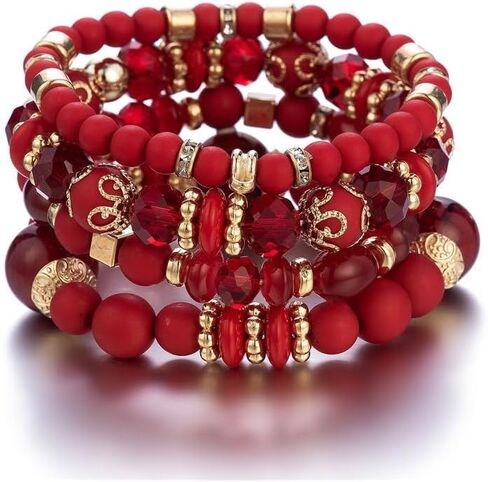 Pingyongchang Stackable Beaded Bracelets for Women Girl Multi-Layer Mixed Color Beaded Stretch Bracelet Crystal Stone Heart Letter Gold Charm Gemstone Bangles for Women Men Boho Summer Beach Jewelry in Saudi Arabia