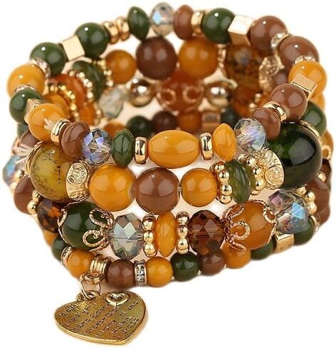 Pingyongchang Stackable Beaded Bracelets for Women Girl Multi-Layer Mixed Color Beaded Stretch Bracelet Crystal Stone Heart Letter Gold Charm Gemstone Bangles for Women Men Boho Summer Beach Jewelry in Saudi Arabia