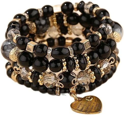 Pingyongchang Stackable Beaded Bracelets for Women Girl Multi-Layer Mixed Color Beaded Stretch Bracelet Crystal Stone Heart Letter Gold Charm Gemstone Bangles for Women Men Boho Summer Beach Jewelry in Saudi Arabia