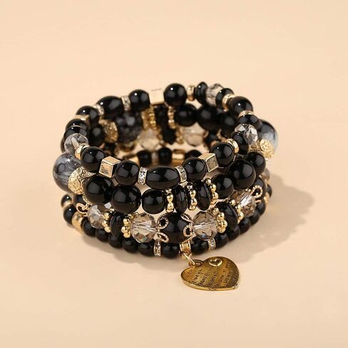 Pingyongchang Stackable Beaded Bracelets for Women Girl Multi-Layer Mixed Color Beaded Stretch Bracelet Crystal Stone Heart Letter Gold Charm Gemstone Bangles for Women Men Boho Summer Beach Jewelry in Saudi Arabia