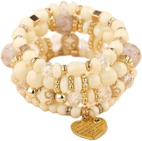 Pingyongchang Stackable Beaded Bracelets for Women Girl Multi-Layer Mixed Color Beaded Stretch Bracelet Crystal Stone Heart Letter Gold Charm Gemstone Bangles for Women Men Boho Summer Beach Jewelry in Saudi Arabia