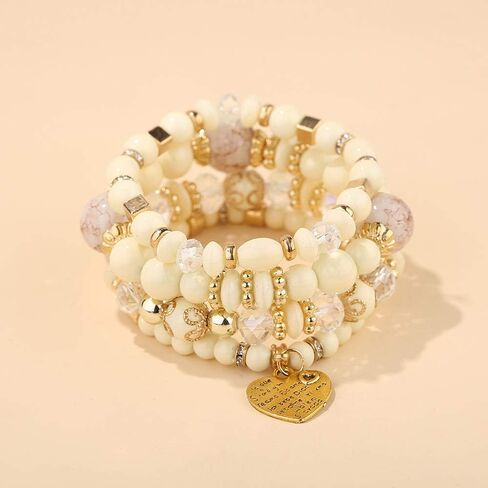 Pingyongchang Stackable Beaded Bracelets for Women Girl Multi-Layer Mixed Color Beaded Stretch Bracelet Crystal Stone Heart Letter Gold Charm Gemstone Bangles for Women Men Boho Summer Beach Jewelry in Saudi Arabia