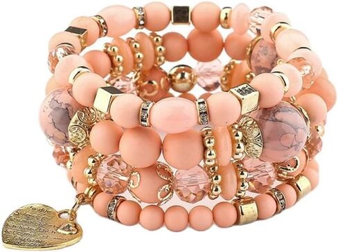 Pingyongchang Stackable Beaded Bracelets for Women Girl Multi-Layer Mixed Color Beaded Stretch Bracelet Crystal Stone Heart Letter Gold Charm Gemstone Bangles for Women Men Boho Summer Beach Jewelry in Saudi Arabia