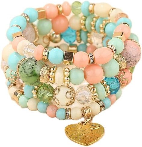 Pingyongchang Stackable Beaded Bracelets for Women Girl Multi-Layer Mixed Color Beaded Stretch Bracelet Crystal Stone Heart Letter Gold Charm Gemstone Bangles for Women Men Boho Summer Beach Jewelry in Saudi Arabia