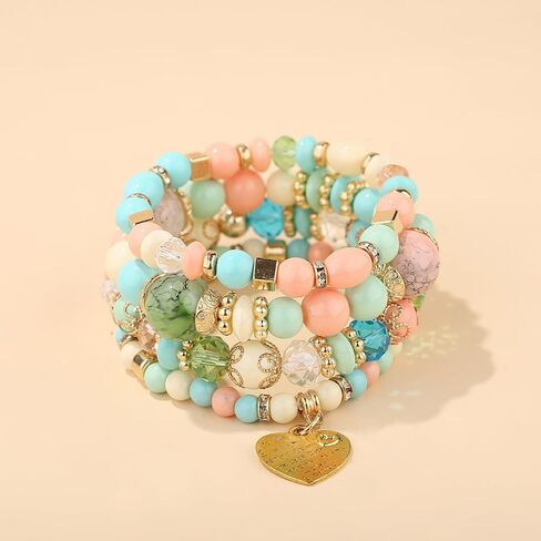 Pingyongchang Stackable Beaded Bracelets for Women Girl Multi-Layer Mixed Color Beaded Stretch Bracelet Crystal Stone Heart Letter Gold Charm Gemstone Bangles for Women Men Boho Summer Beach Jewelry in Saudi Arabia