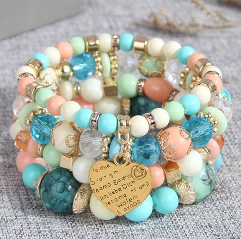 Pingyongchang Stackable Beaded Bracelets for Women Girl Multi-Layer Mixed Color Beaded Stretch Bracelet Crystal Stone Heart Letter Gold Charm Gemstone Bangles for Women Men Boho Summer Beach Jewelry in Saudi Arabia