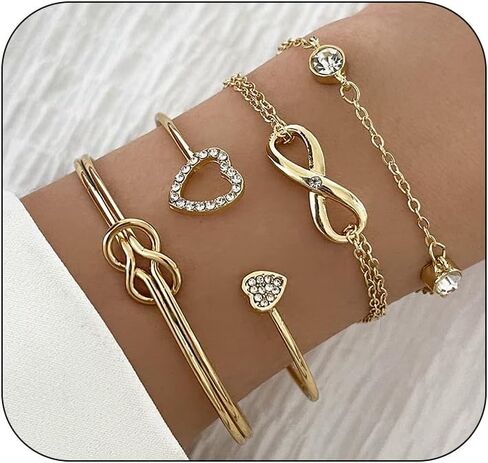 Boho Gold Bangle Bracelets Sets for Women Girls,Heart Bow Bracelets Layered Stackable Open Cuff Wrap Bangles Adjustable Link Chain,Chunky Gold Bacelets in Saudi Arabia
