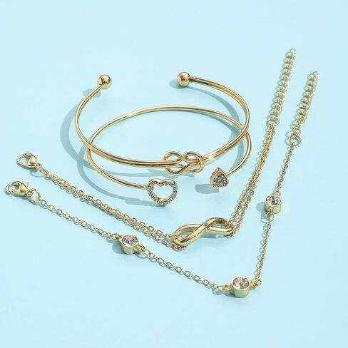 Boho Gold Bangle Bracelets Sets for Women Girls,Heart Bow Bracelets Layered Stackable Open Cuff Wrap Bangles Adjustable Link Chain,Chunky Gold Bacelets in Saudi Arabia