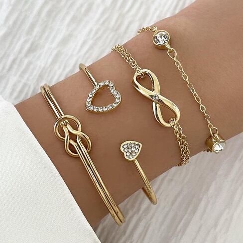 Boho Gold Bangle Bracelets Sets for Women Girls,Heart Bow Bracelets Layered Stackable Open Cuff Wrap Bangles Adjustable Link Chain,Chunky Gold Bacelets in Saudi Arabia