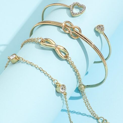 Boho Gold Bangle Bracelets Sets for Women Girls,Heart Bow Bracelets Layered Stackable Open Cuff Wrap Bangles Adjustable Link Chain,Chunky Gold Bacelets in Saudi Arabia