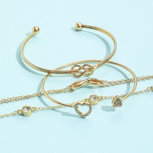 Boho Gold Bangle Bracelets Sets for Women Girls,Heart Bow Bracelets Layered Stackable Open Cuff Wrap Bangles Adjustable Link Chain,Chunky Gold Bacelets in Saudi Arabia