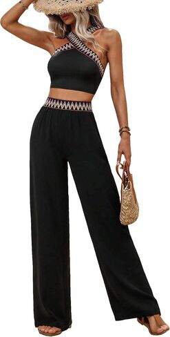 GORGLITTER Women's Wide Leg Pants Set 2 Piece Outfits Ribbed Knit Criss Cross Sleeveless Halter Crop Top Set in Saudi Arabia