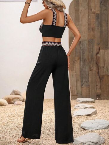 GORGLITTER Women's Wide Leg Pants Set 2 Piece Outfits Ribbed Knit Criss Cross Sleeveless Halter Crop Top Set in Saudi Arabia