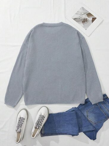 MakeMeChic Women's Plus Size Solid Drop Shoulder Long Sleeve Pullover Sweater Round Neck Casual Tops in Saudi Arabia