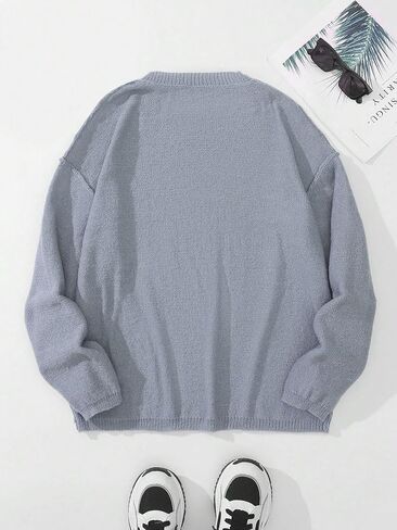 MakeMeChic Women's Plus Size Solid Drop Shoulder Long Sleeve Pullover Sweater Round Neck Casual Tops in Saudi Arabia
