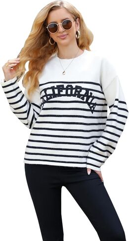 Women's Fall Winter Pullover Long Sleeve Crew Neck Sweaters Stripe Knitted Oversized Tops in Kuwait